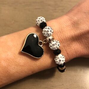 Black White and Gold Tone Black Heart Charm Bracelet